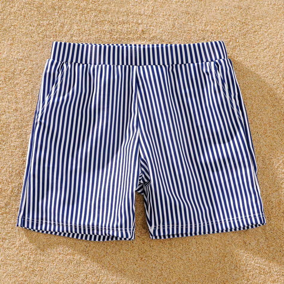 Family Matching Blue Pinstriped Swim Trunks Shorts and One Shoulder Ruffle Hollow Out One-Piece Swimsuit White