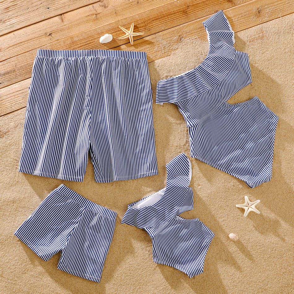 Family Matching Blue Pinstriped Swim Trunks Shorts and One Shoulder Ruffle Hollow Out One-Piece Swimsuit White big image 2