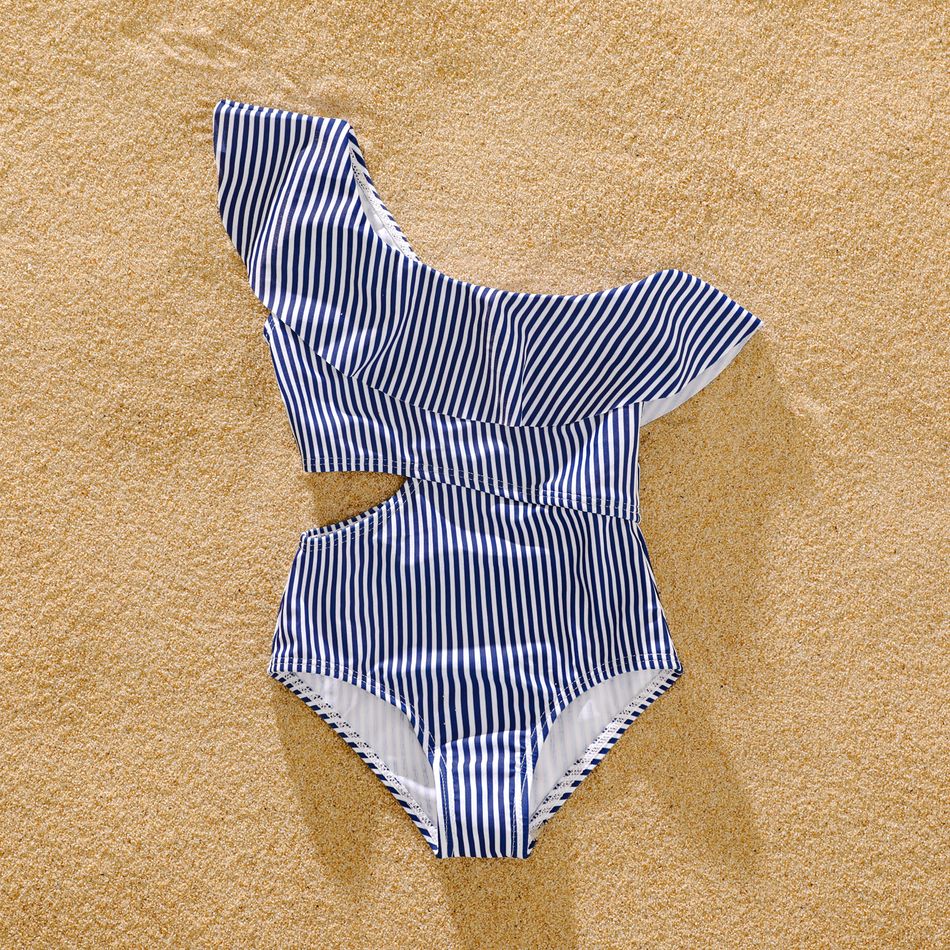 Family Matching Blue Pinstriped Swim Trunks Shorts and One Shoulder Ruffle Hollow Out One-Piece Swimsuit White big image 7