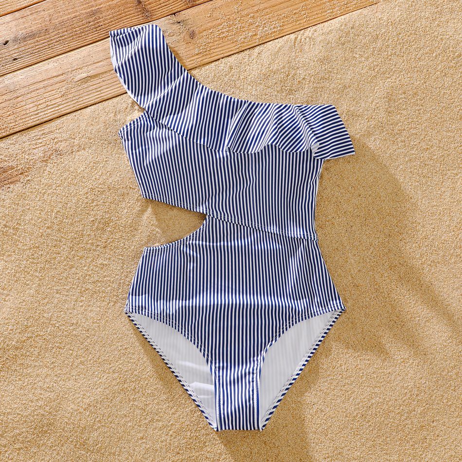 Family Matching Blue Pinstriped Swim Trunks Shorts and One Shoulder Ruffle Hollow Out One-Piece Swimsuit White big image 3