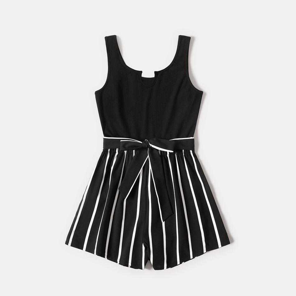 Black Ribbed Splicing Striped Belted Sleeveless Romper for Mom and Me Black big image 2