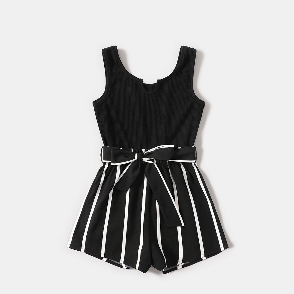 Black Ribbed Splicing Striped Belted Sleeveless Romper for Mom and Me Black big image 6