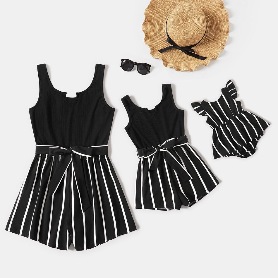 Black Ribbed Splicing Striped Belted Sleeveless Romper for Mom and Me Black big image 1