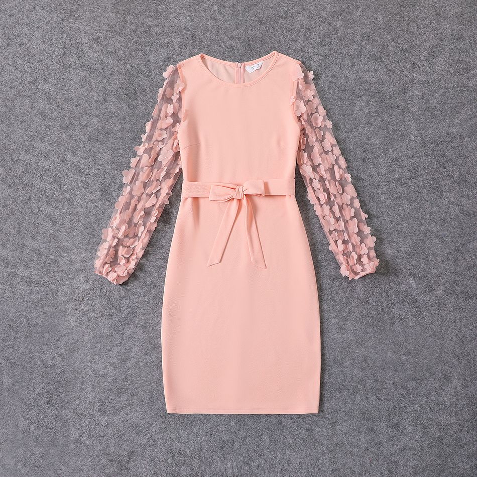 Pink 3D Floral Applique Mesh Long-sleeve Belted Slim-fit Dress for Mom and Me Pink big image 2