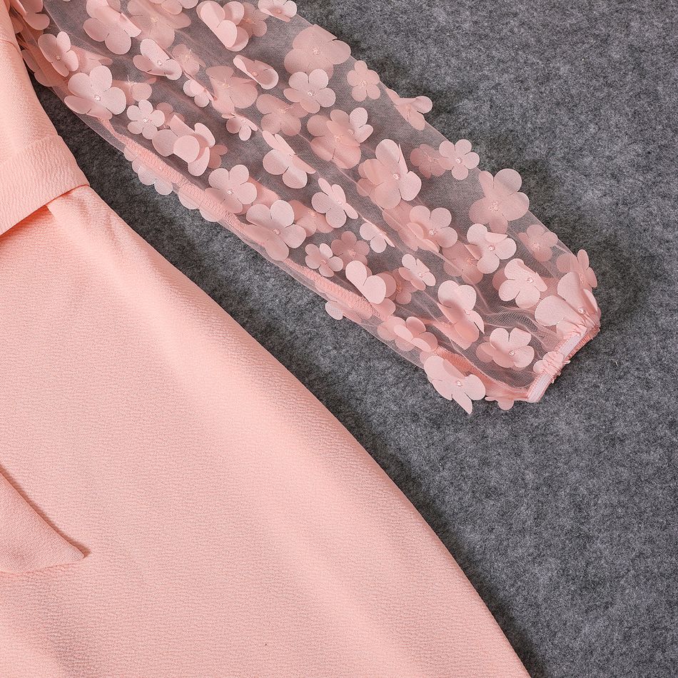 Pink 3D Floral Applique Mesh Long-sleeve Belted Slim-fit Dress for Mom and Me Pink big image 5