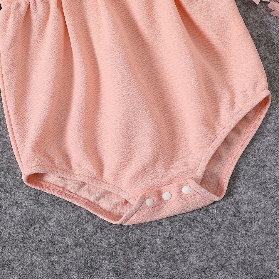 Pink 3D Floral Applique Mesh Long-sleeve Belted Slim-fit Dress for Mom and Me Pink big image 10