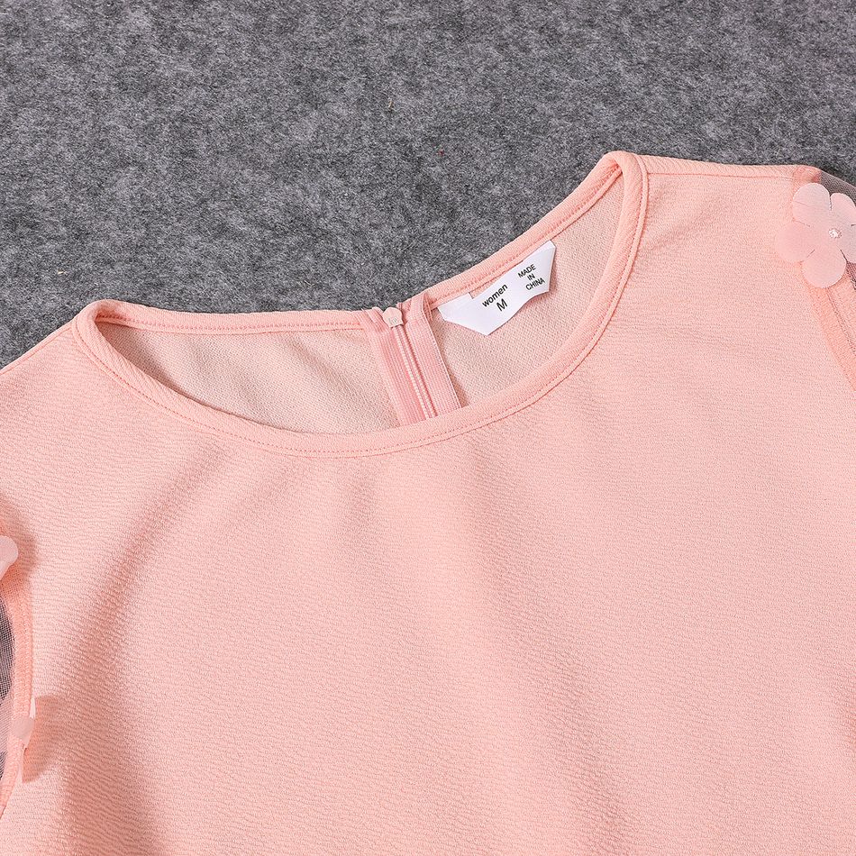 Pink 3D Floral Applique Mesh Long-sleeve Belted Slim-fit Dress for Mom and Me Pink big image 3