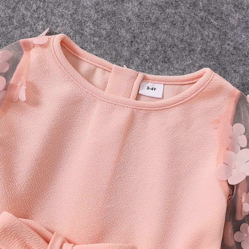 Pink 3D Floral Applique Mesh Long-sleeve Belted Slim-fit Dress for Mom and Me Pink big image 7