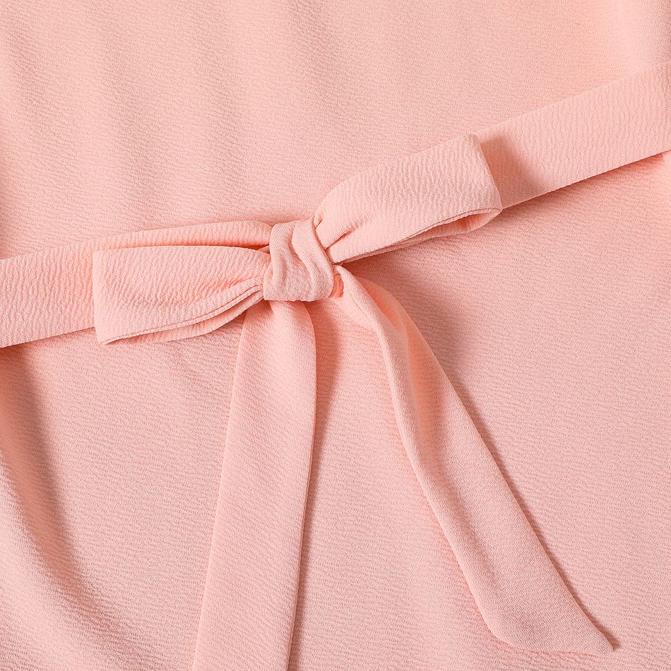 Pink 3D Floral Applique Mesh Long-sleeve Belted Slim-fit Dress for Mom and Me Pink big image 4