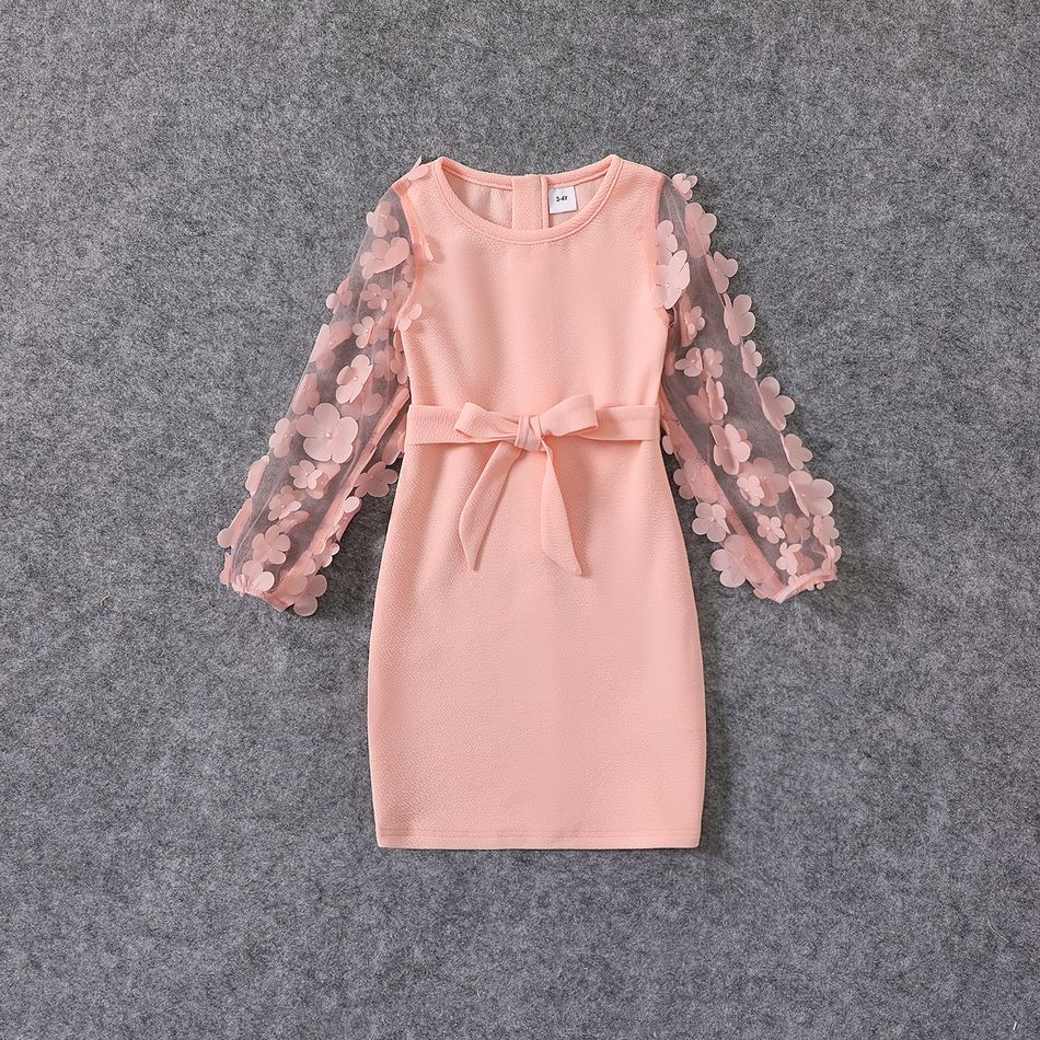 Pink 3D Floral Applique Mesh Long-sleeve Belted Slim-fit Dress for Mom and Me Pink big image 6