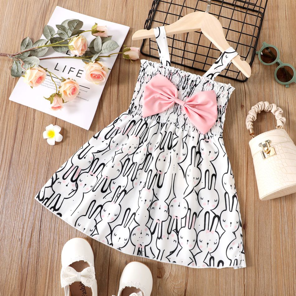 Shirred Bunny Allover Bow Dcor Sleeveless White or Pink Toddler Dress White