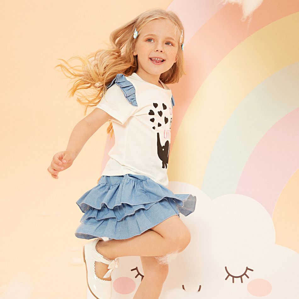 2pcs Toddler Girl Heart Elephant Print Ruffled Short-sleeve Tee and Layered Denim Skirt Set White big image 7