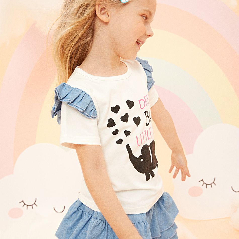2pcs Toddler Girl Heart Elephant Print Ruffled Short-sleeve Tee and Layered Denim Skirt Set White big image 11