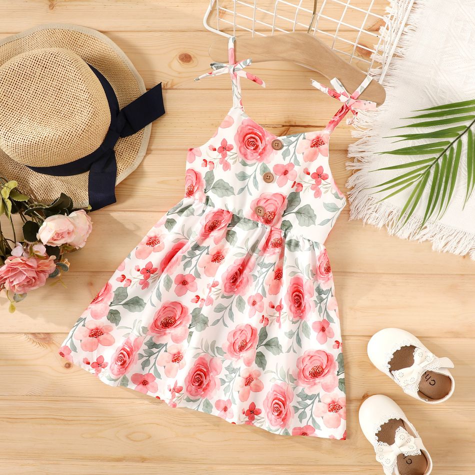 Baby Girl All Over Floral Print Spaghetti Strap Button Front Dress Colorful big image 1