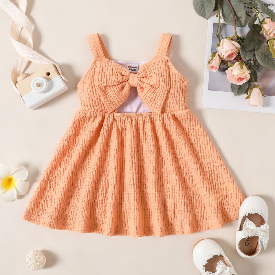 Baby Girl Solid Textured Sleeveless Bowknot Hollow Out Dress Orange