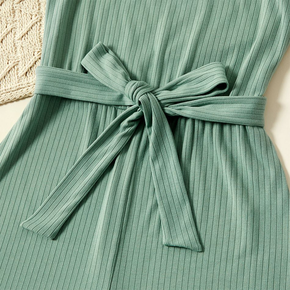 Polka Dots Mesh Puff-sleeve Square Neck Ribbed Belted Romper for Mom and Me GrayGreen big image 4