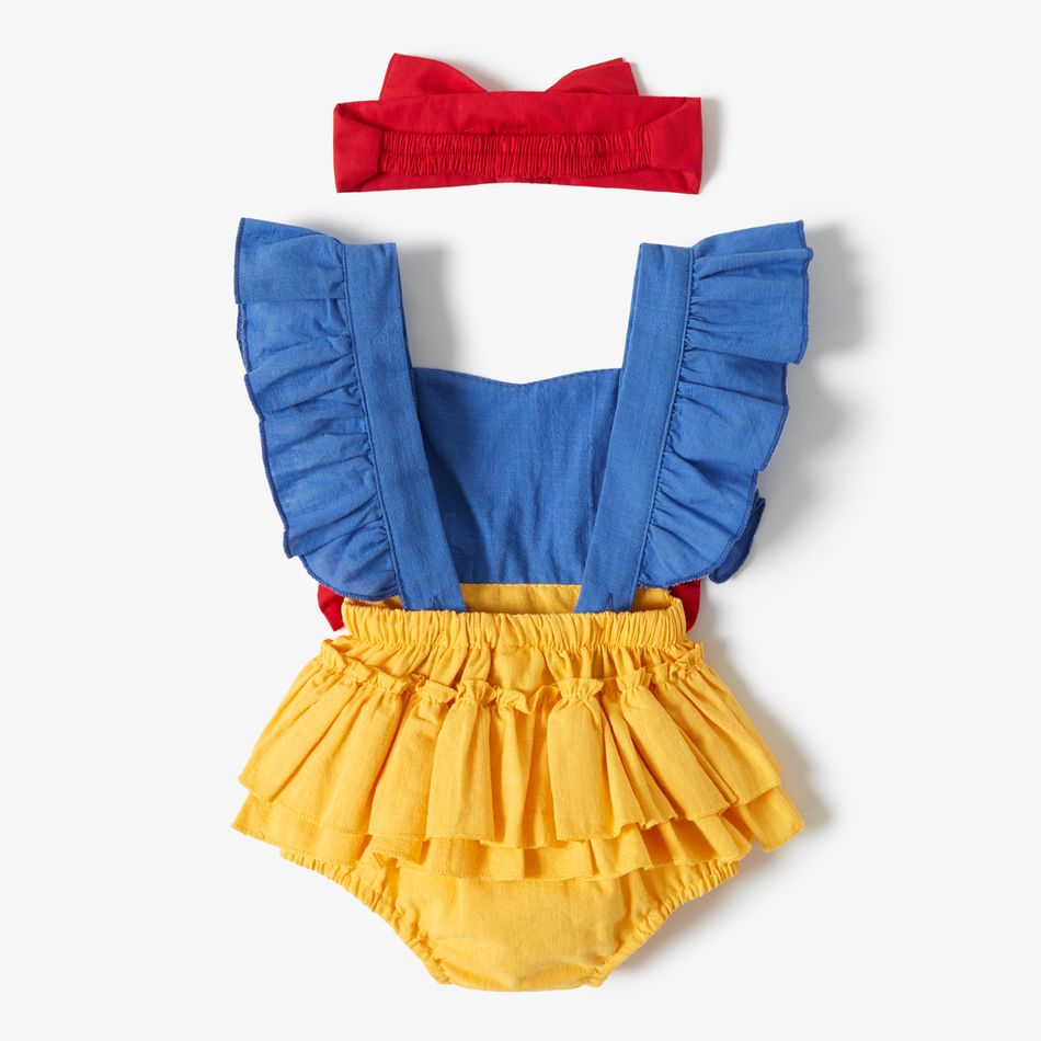 100% Cotton 2pcs Letter Print Color Block Sleeveless Layered Ruffle Baby Princess Romper Set Multi-color