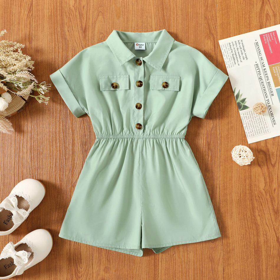 Toddler Girl Lapel Collar Button Design Short-sleeve Green Rompers Green