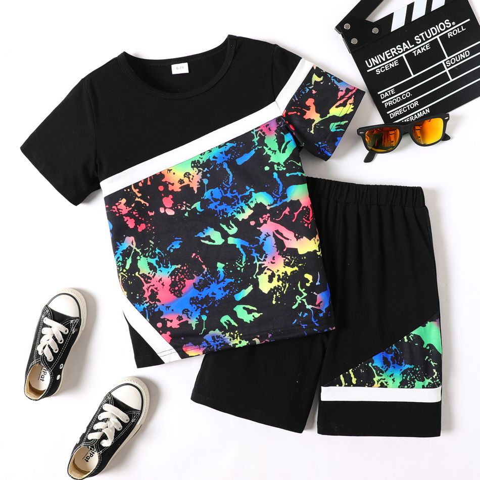 2pcs Kid Boy Tie Dyed Colorblock Short-sleeve Tee and Elasticized Shorts Set Black