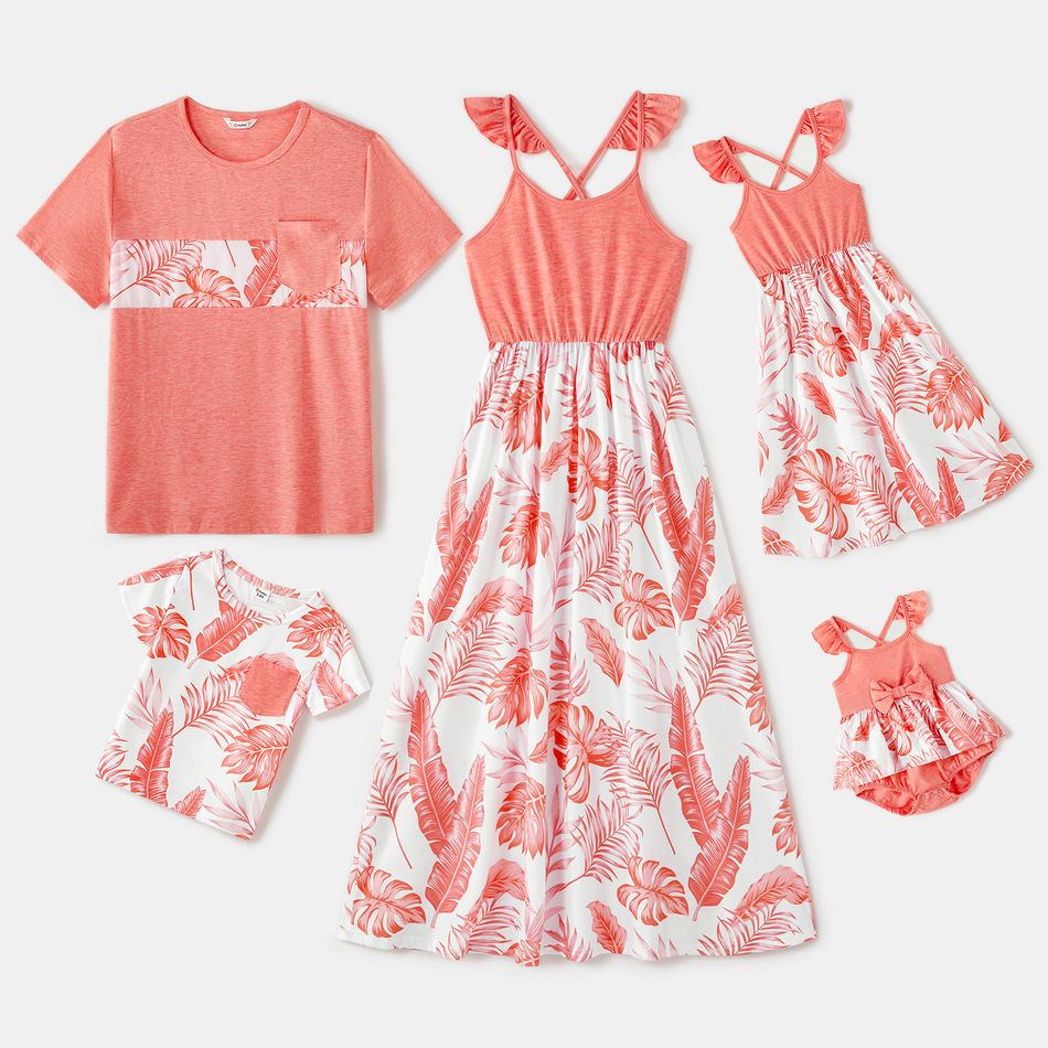 Family Matching Solid Splicing Plants Print Round Neck Ruffle Spaghetti Strap Dresses and Short-sleeve T-shirts Sets Orange red