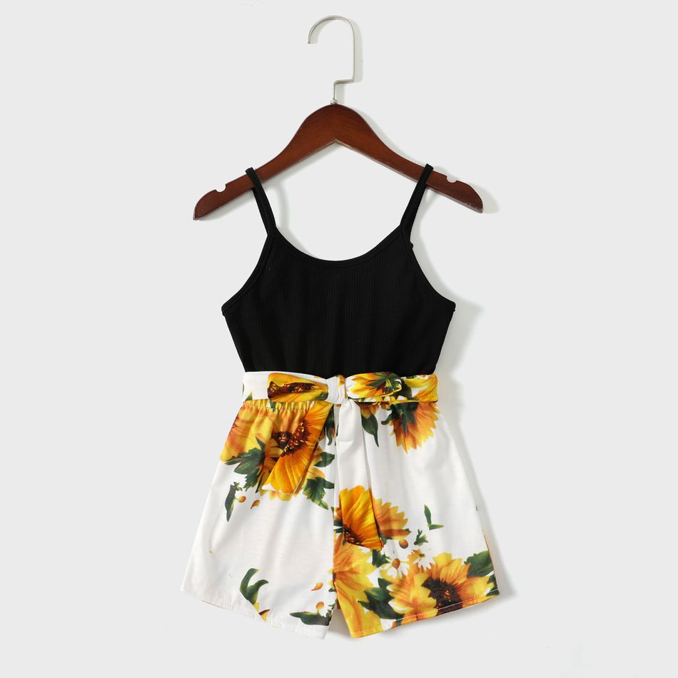 Solid and Sunflower Floral Print Splicing Spaghetti Strap Romper for Mom and Me BlackandWhite big image 6