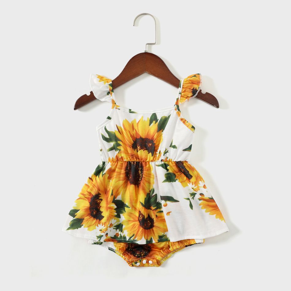 Solid and Sunflower Floral Print Splicing Spaghetti Strap Romper for Mom and Me BlackandWhite big image 8