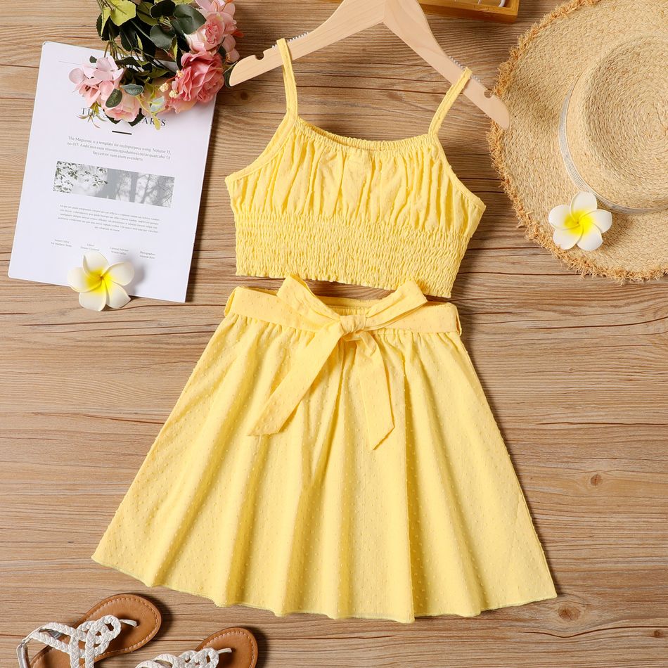 2pcs Kid Girl 100% Cotton Smocked Dotted Swiss Yellow Camisole and Bowknot Design Skirt Set Yellow