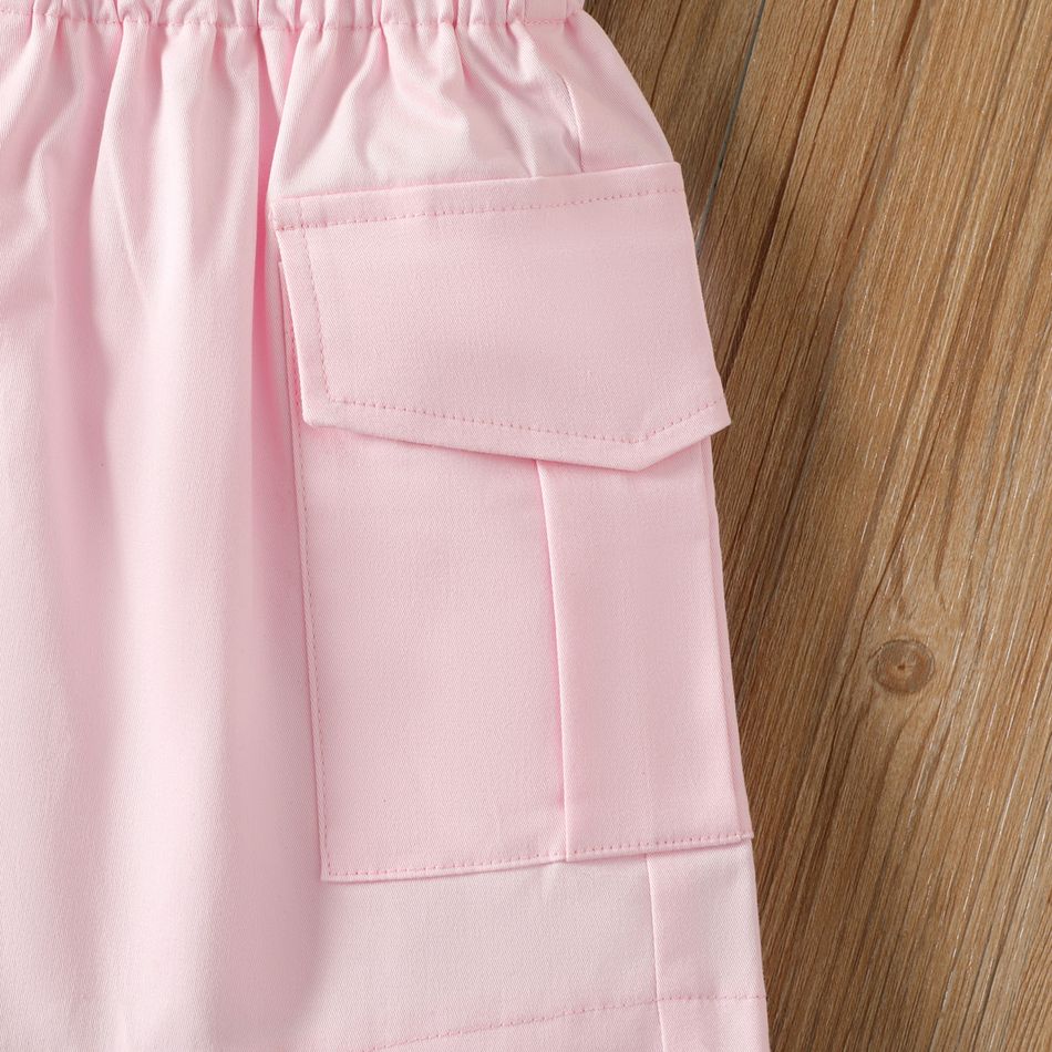 Shorts de bolsa de papel com design de bolso de botão de cor sólida para menina infantil Rosa big image 5