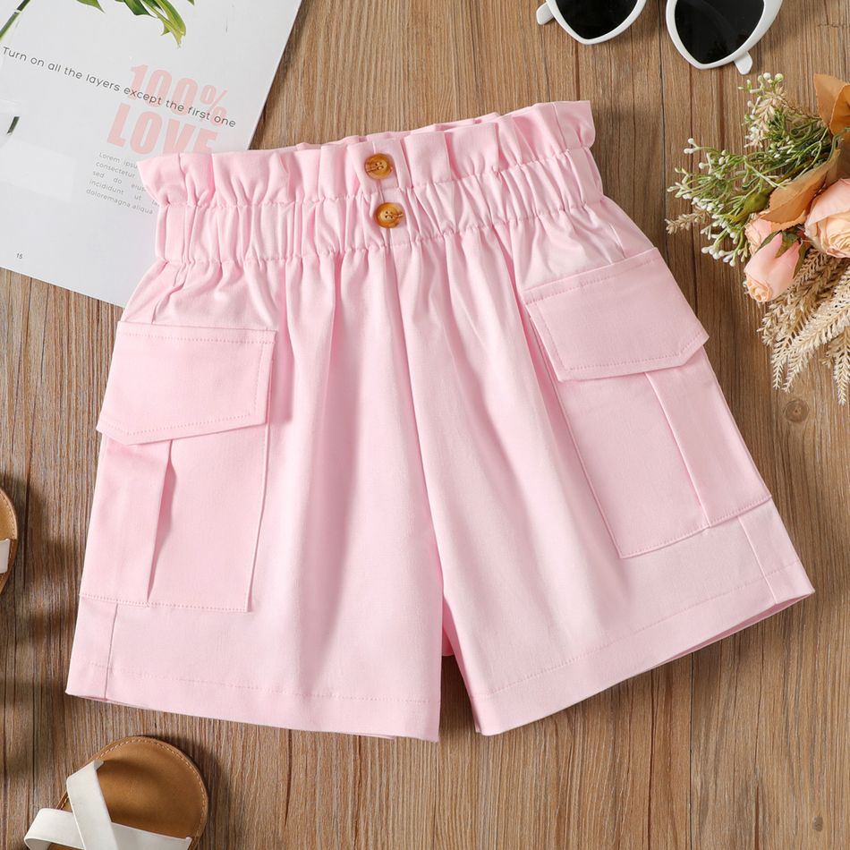 Shorts de bolsa de papel com design de bolso de botão de cor sólida para menina infantil Rosa