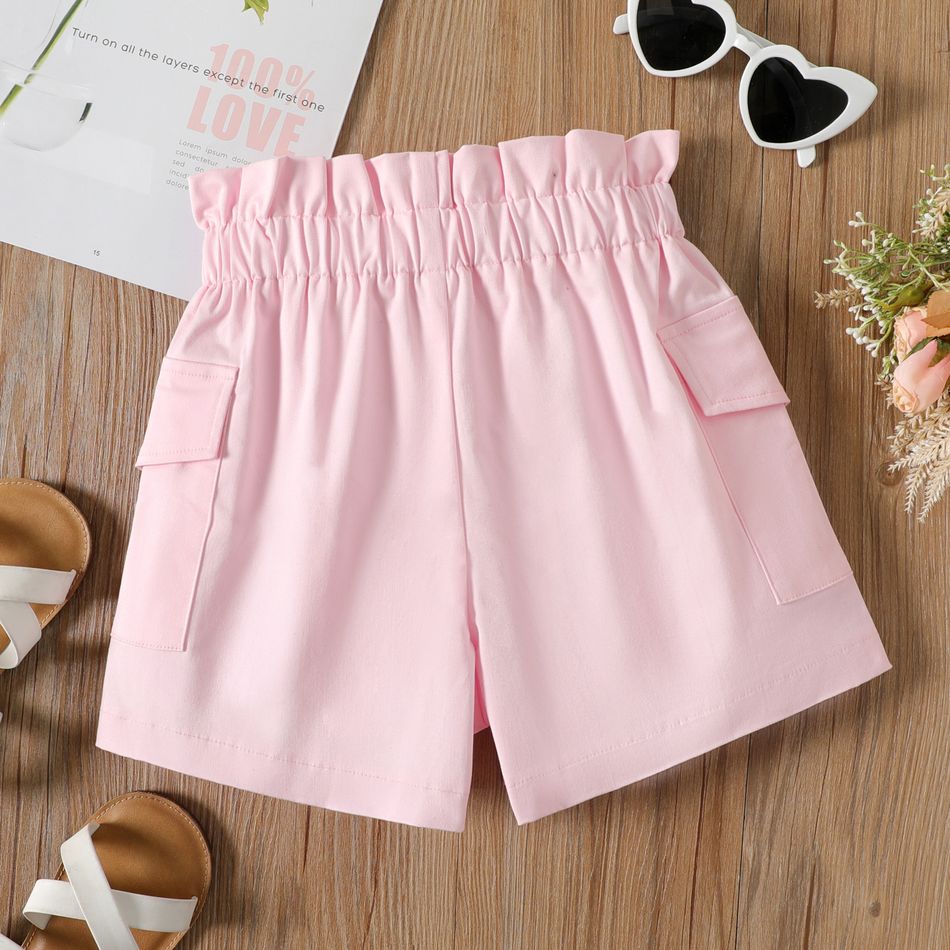 Shorts de bolsa de papel com design de bolso de botão de cor sólida para menina infantil Rosa big image 3