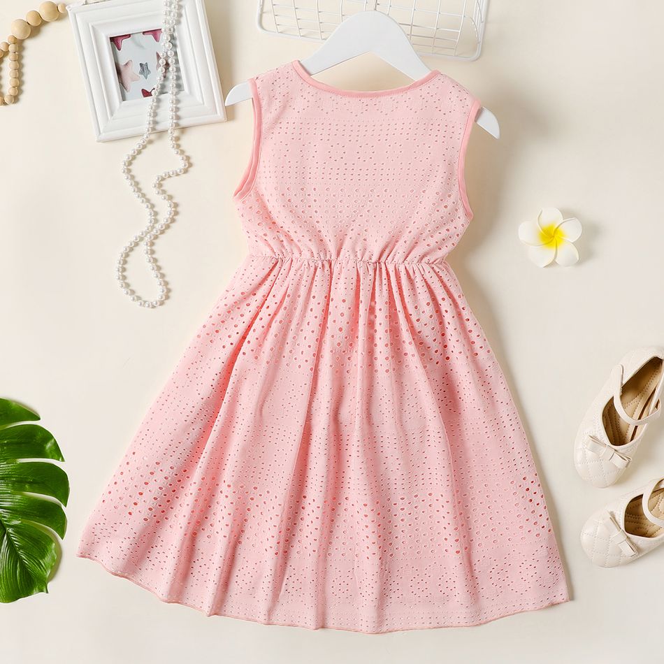Kid Girl Solid Color Hollow out Button Design V Neck Sleeveless Dress Pink big image 3