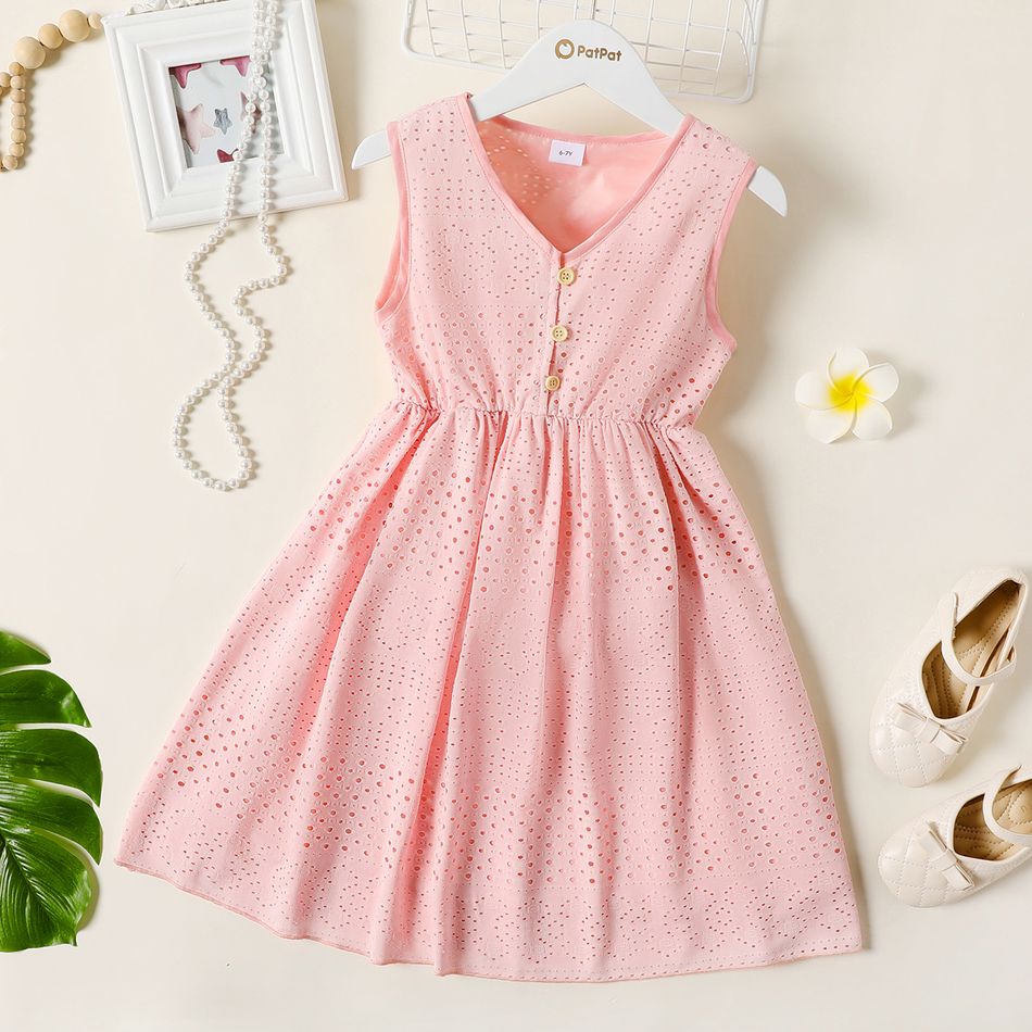 Kid Girl Solid Color Hollow out Button Design V Neck Sleeveless Dress Pink big image 1