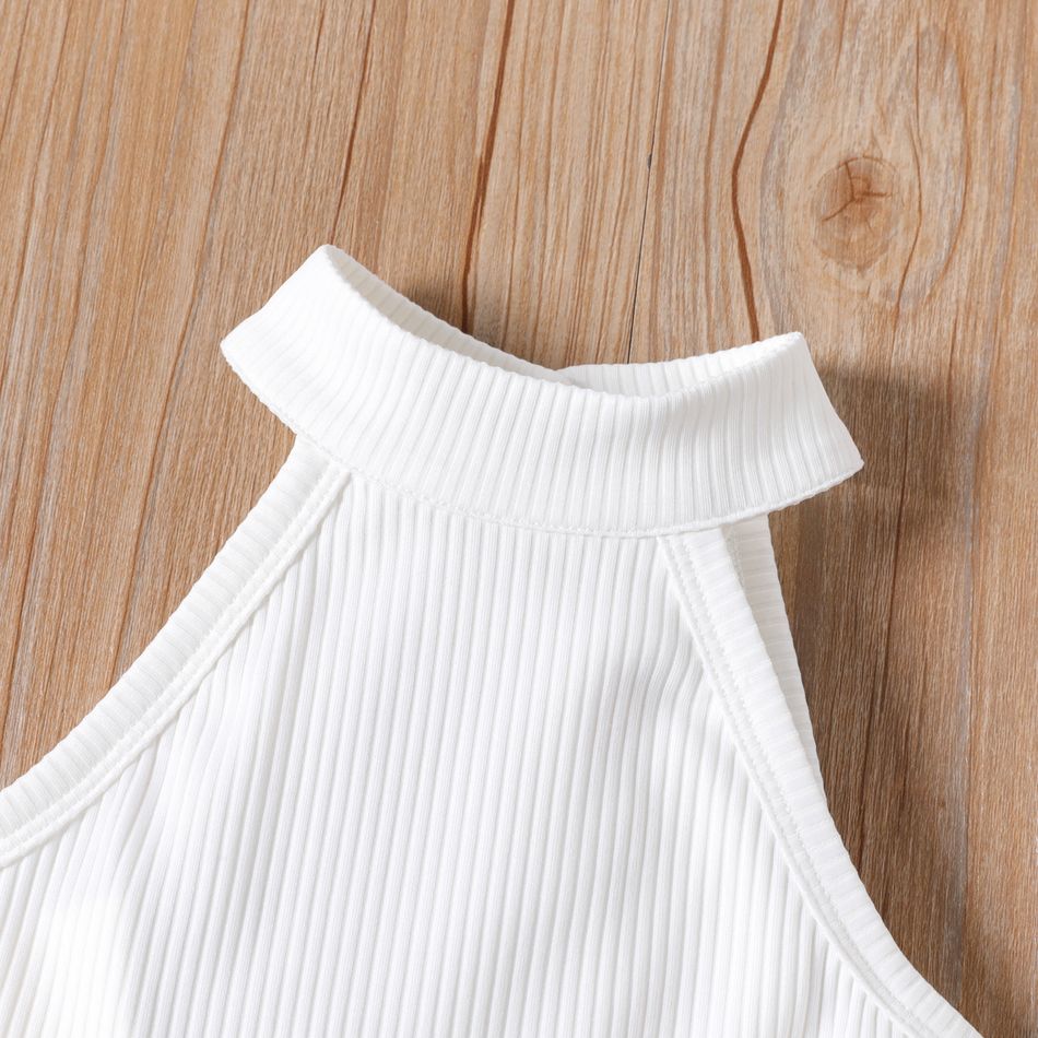 2pcs Toddler Girl Ribbed Halter Tank Top and Belted Shorts Set White big image 3