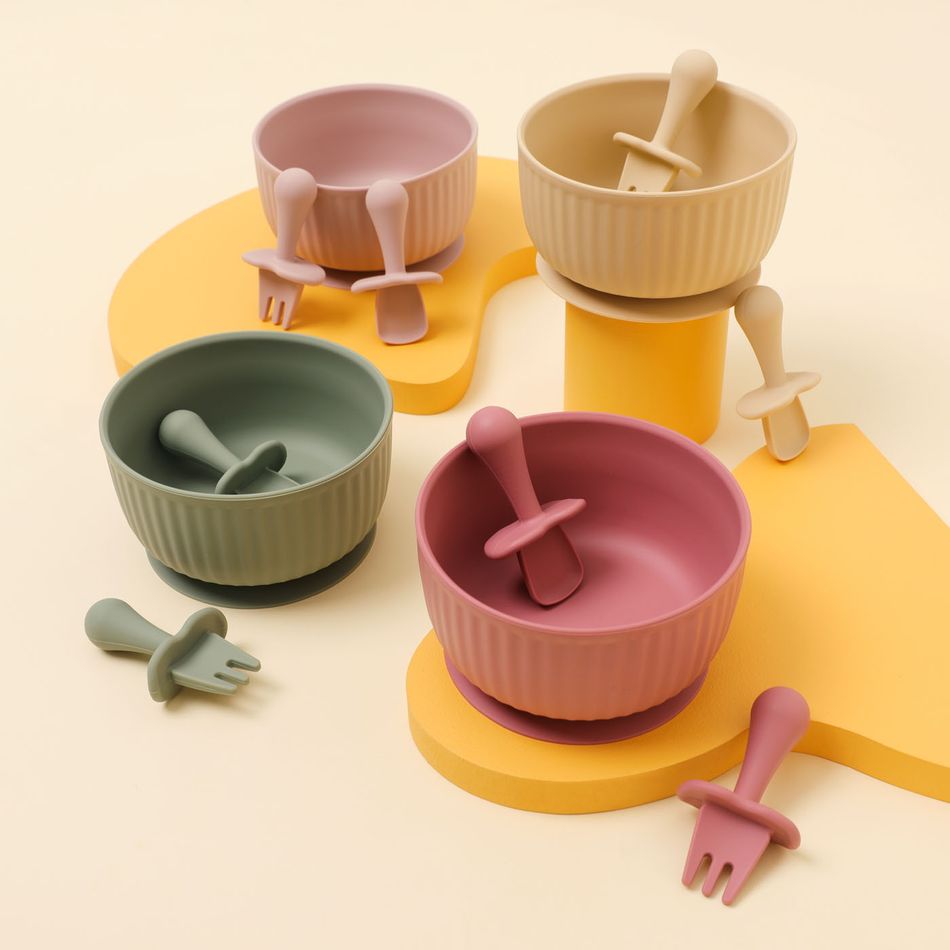 Baby Solid Color Silicone Suction Plate Feeding Set with Self-Feeding Spoon Fork Infant Newborn Utensil Set for Self-Training Dark Pink big image 7