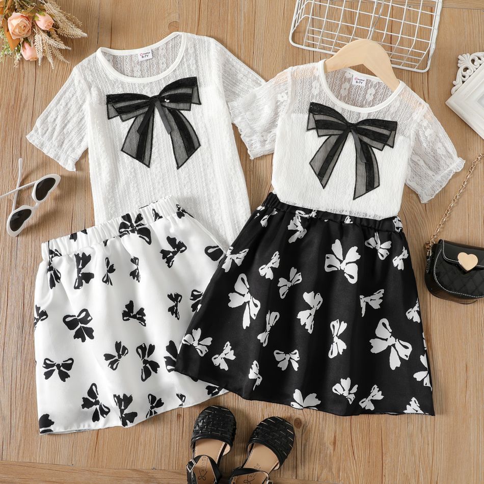 2 unidades Criança Fato saia e casaco Menina Renda Estampado de laço Branco big image 2