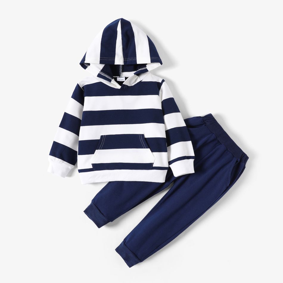 2-piece Toddler Boy Stripe Pocket Design Hoodie and Dark Blue Pants Set Dark Blue