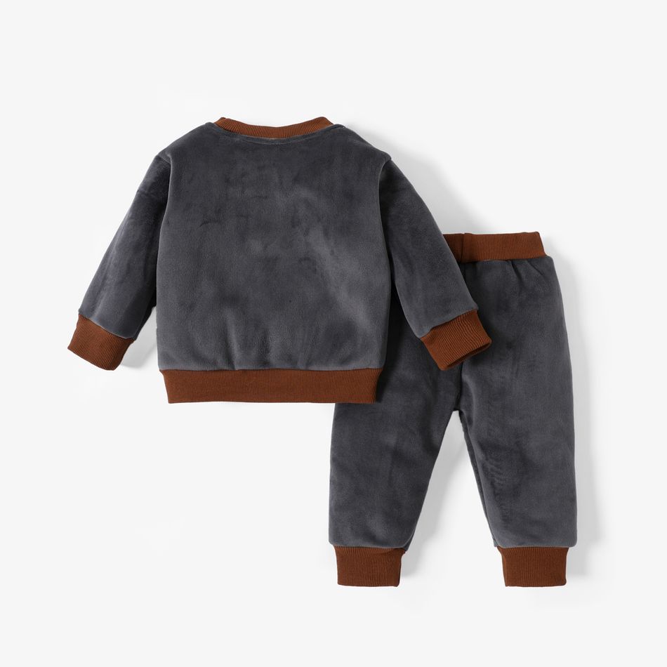 2pcs Baby Boy 95% Cotton Long-sleeve Cartoon Bear Pattern Thickened Fleece Lined Pullover and Trousers Set Grey big image 2