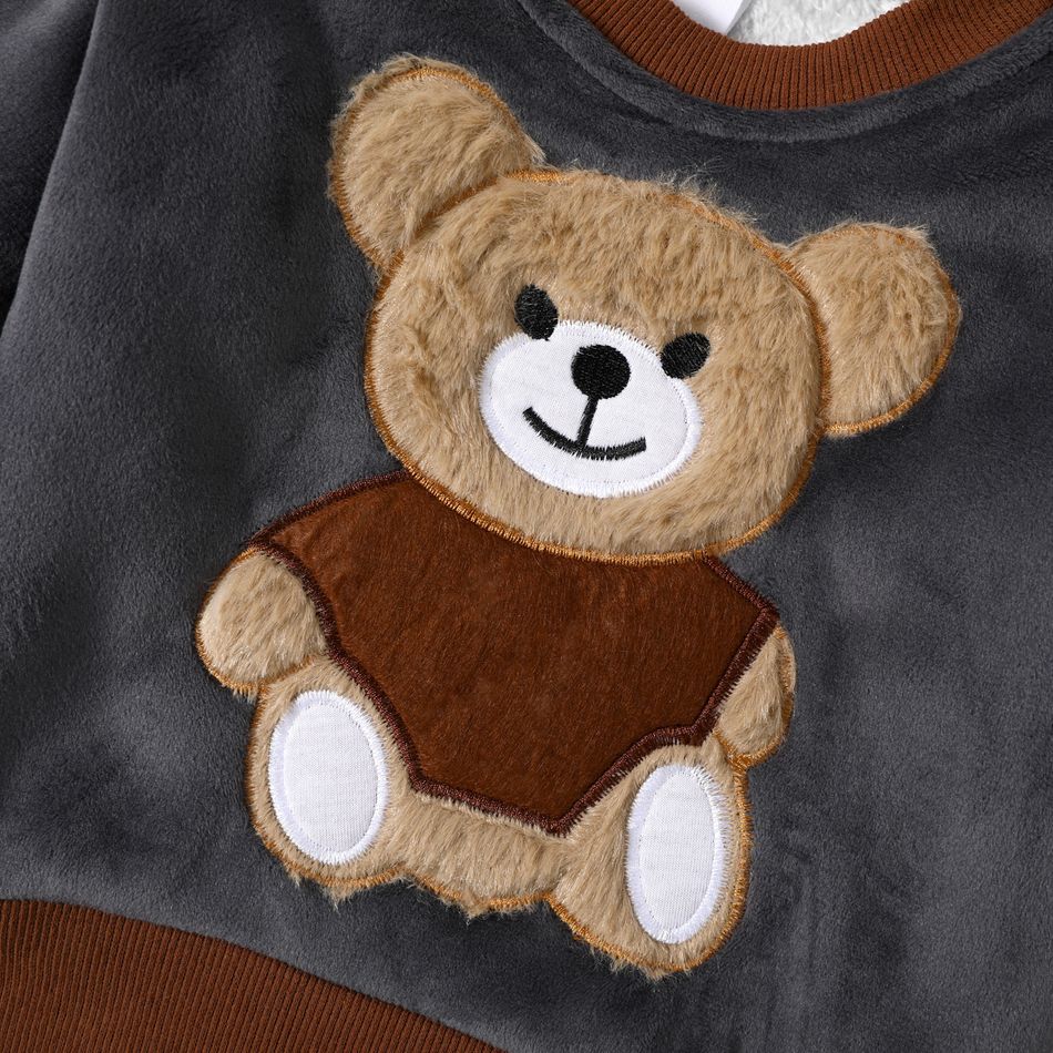 2pcs Baby Boy 95% Cotton Long-sleeve Cartoon Bear Pattern Thickened Fleece Lined Pullover and Trousers Set Grey big image 6