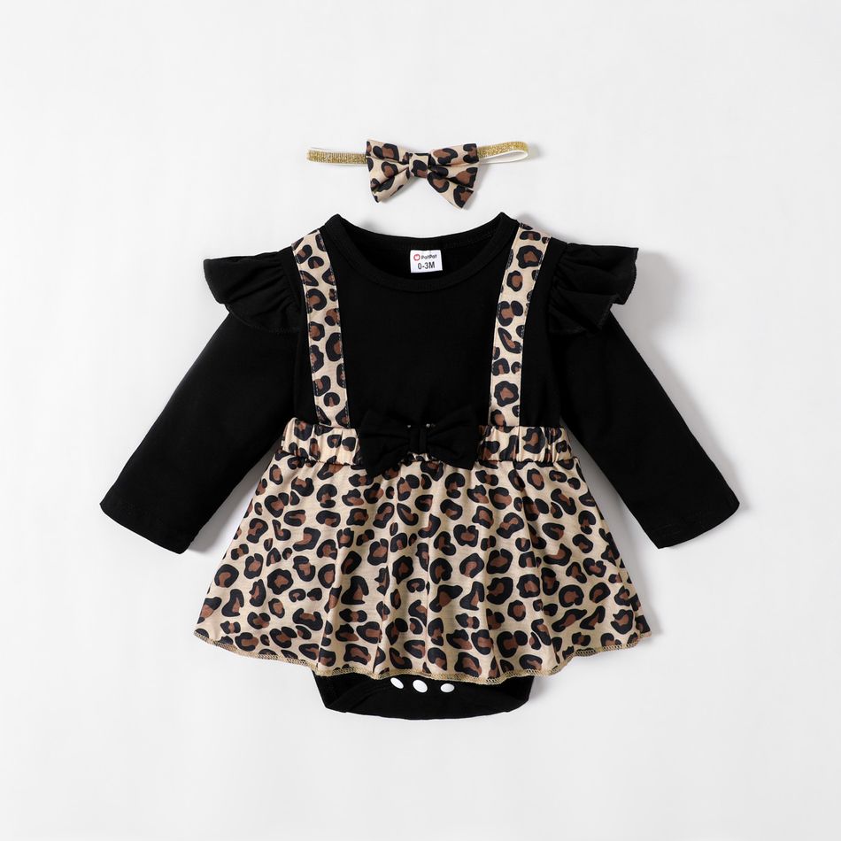 Baby Girl Leopard Splicing Black Cotton Ruffle Long-sleeve Faux-two Romper Dress Black big image 1