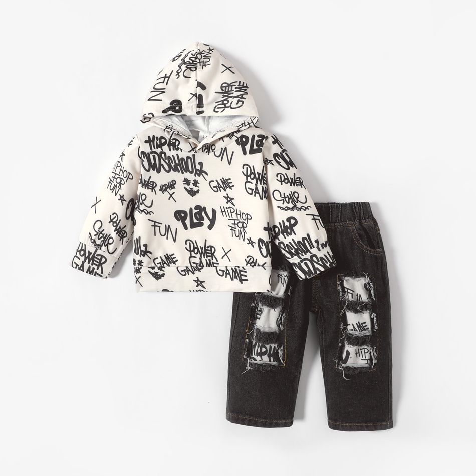 2pcs Baby Boy 95% Cotton Denim Ripped Jeans and All Over Graffiti Letter Print Long-sleeve Hoodie Set Color block big image 1