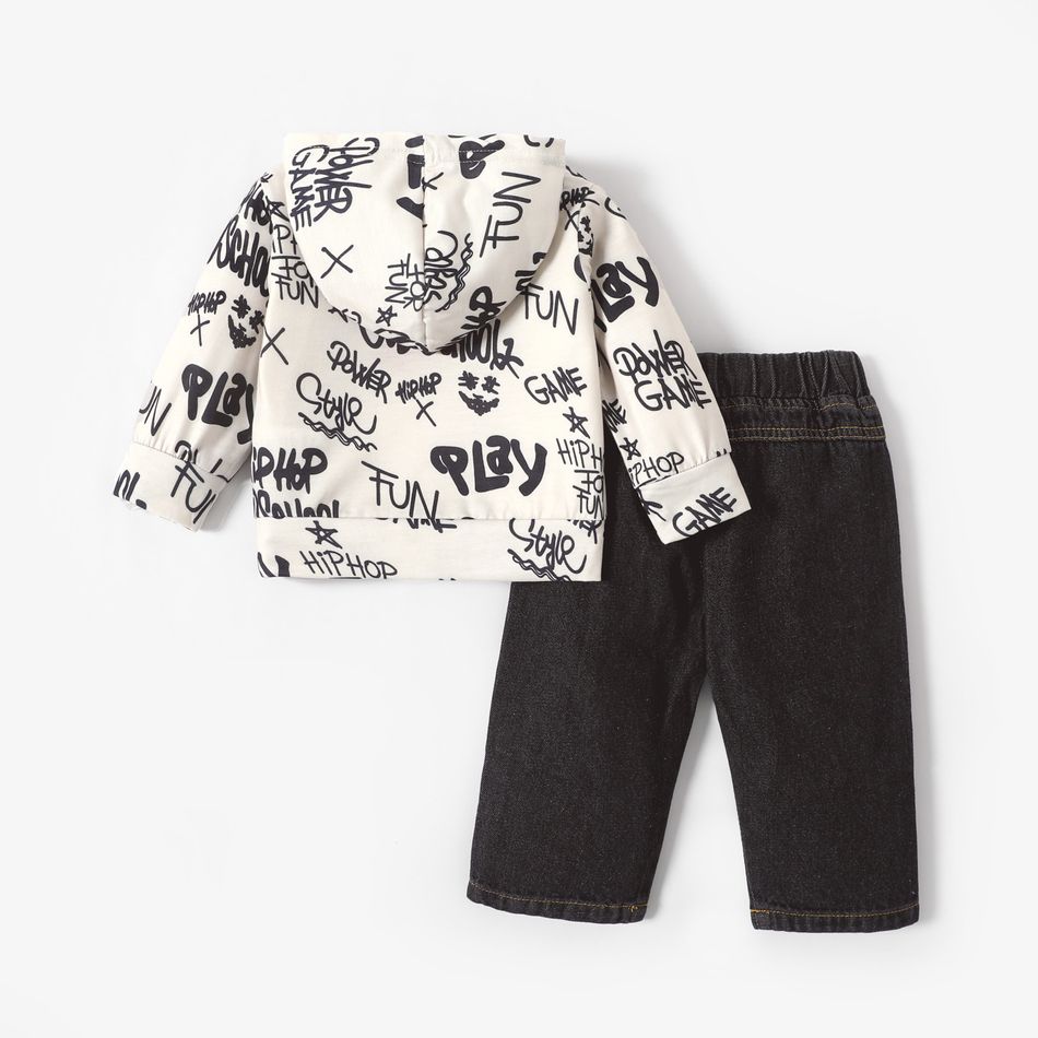 2pcs Baby Boy 95% Cotton Denim Ripped Jeans and All Over Graffiti Letter Print Long-sleeve Hoodie Set Color block big image 2