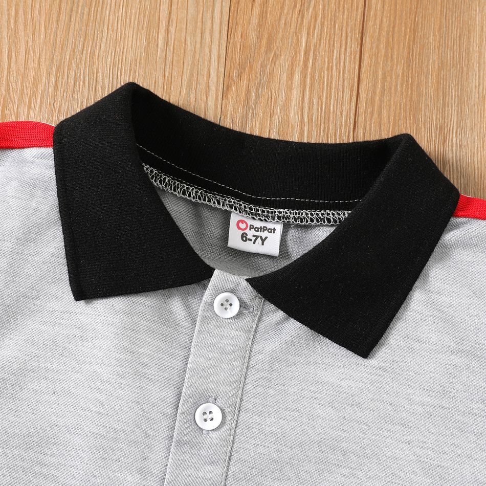 2pcs Kid Boy Colorblock Short-sleeve Pique Polo Shirt and Elasticized Shorts Set Light Grey big image 3