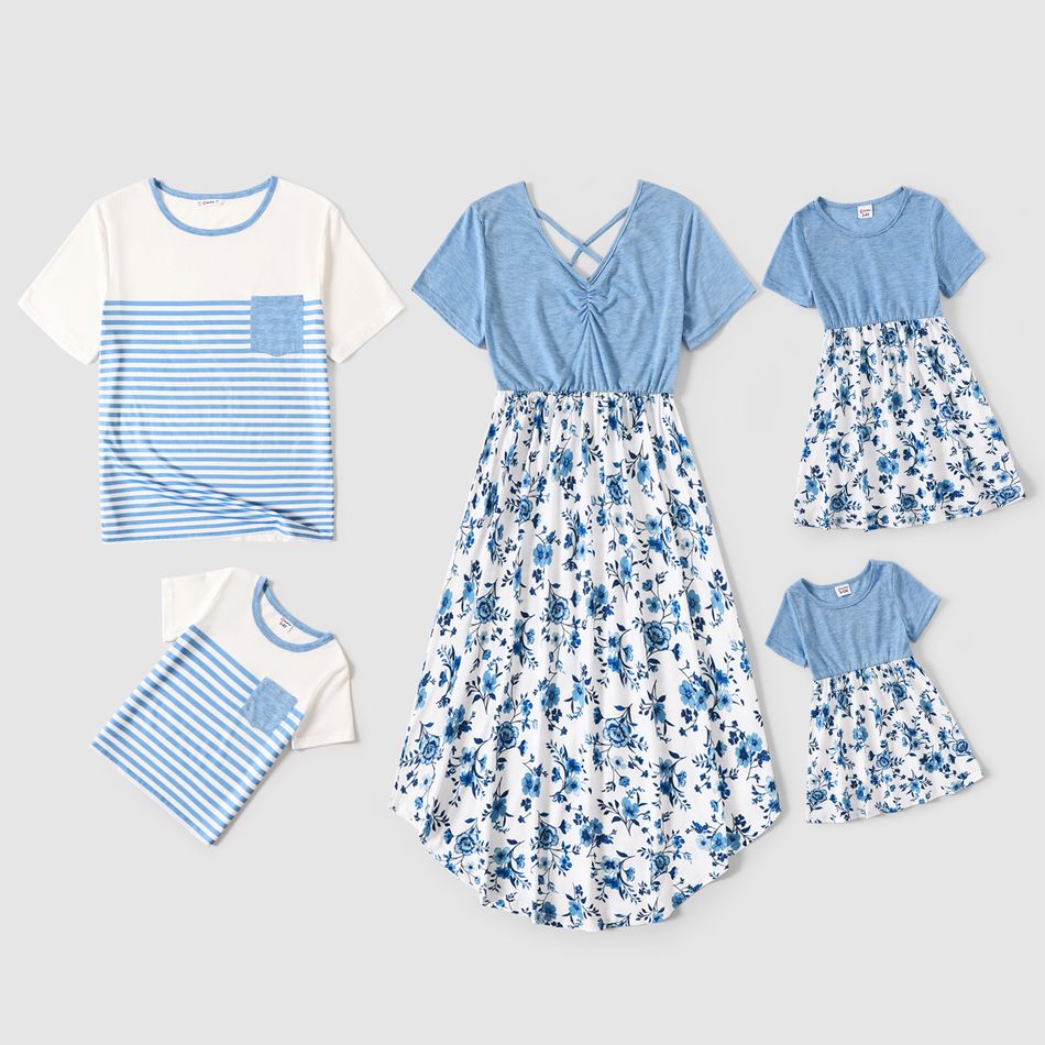Family Matching Blue Short-sleeve Splicing Floral Print Dresses and Striped T-shirts Sets Light Blue