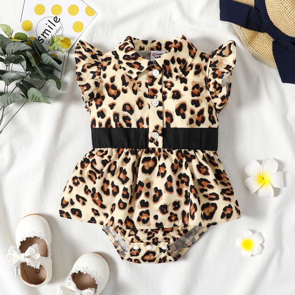Baby Girl Brown Leopard Print Shirt Collar Flutter-sleeve Button Up Romper ColorBlock