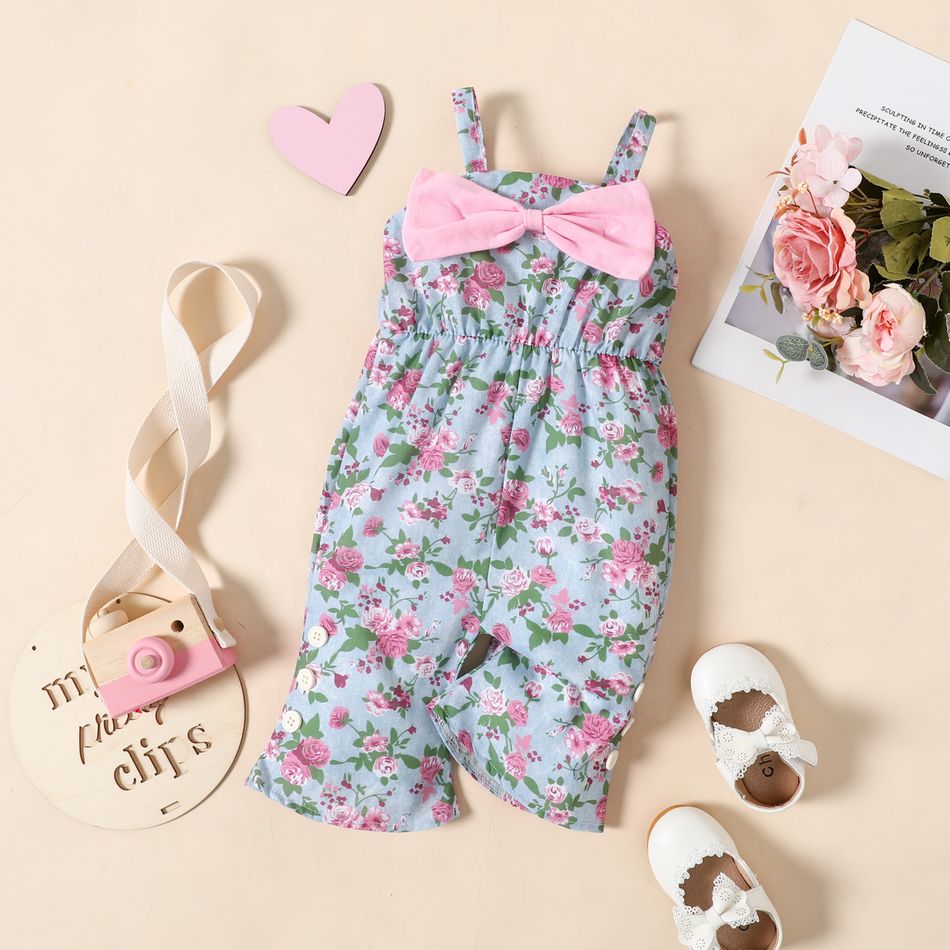 Baby Girl All Over Floral Print Spaghetti Strap Bowknot Denim Bell Bottom Jumpsuit Multi-color big image 1