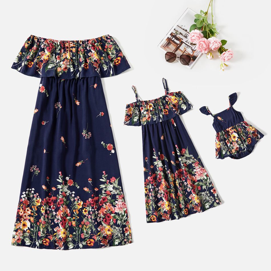 All Over Floral Print Off Shoulder Ruffle Dress for Mom and Me Dark Blue