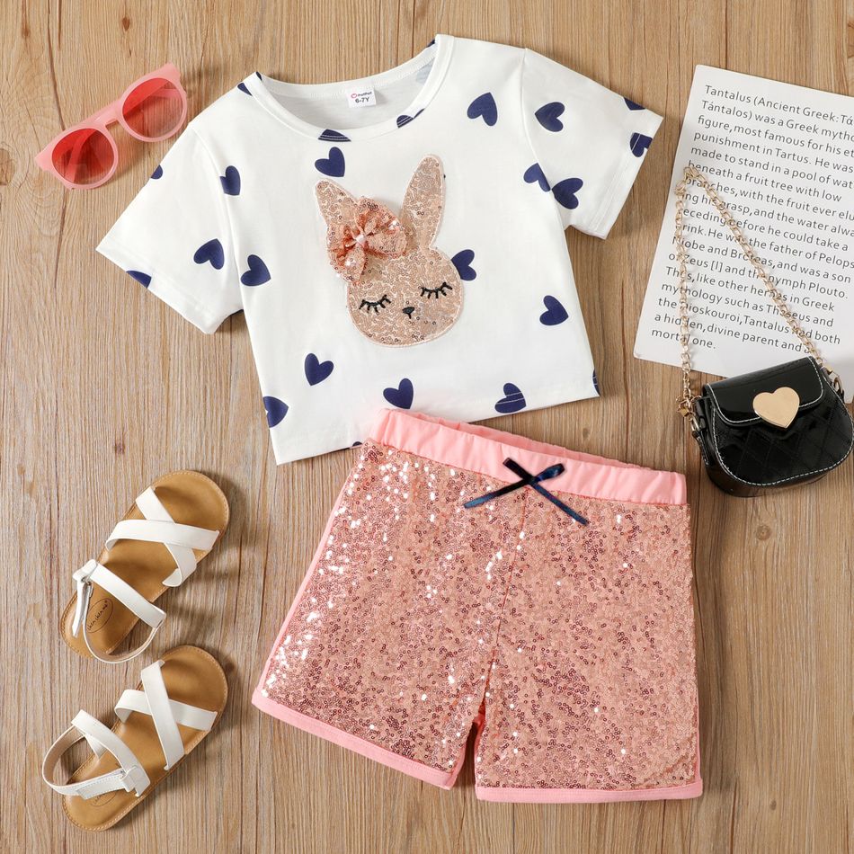 2pcs Kid Girl Heart Print Rabbit Sequined Short-sleeve Tee and Pink Shorts Set White