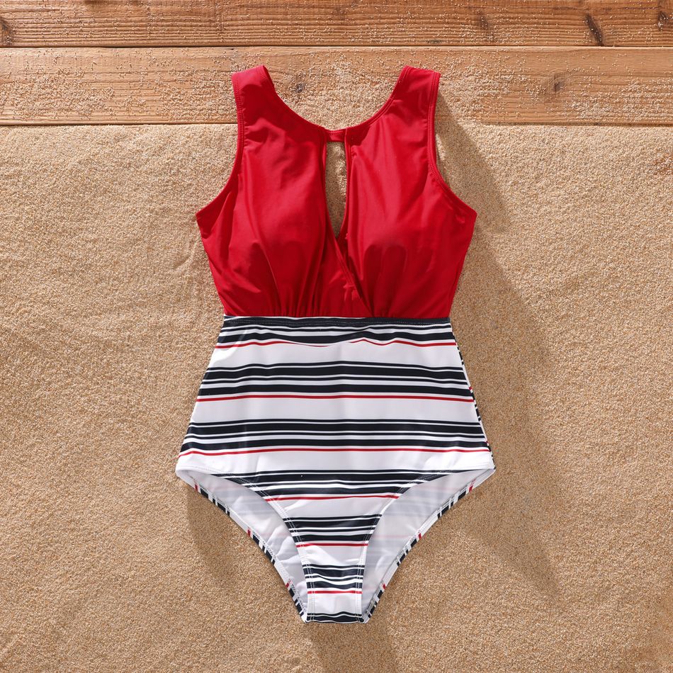 Family Matching Striped Swim Trunks Shorts and Splicing One-Piece Swimsuit Blue big image 2