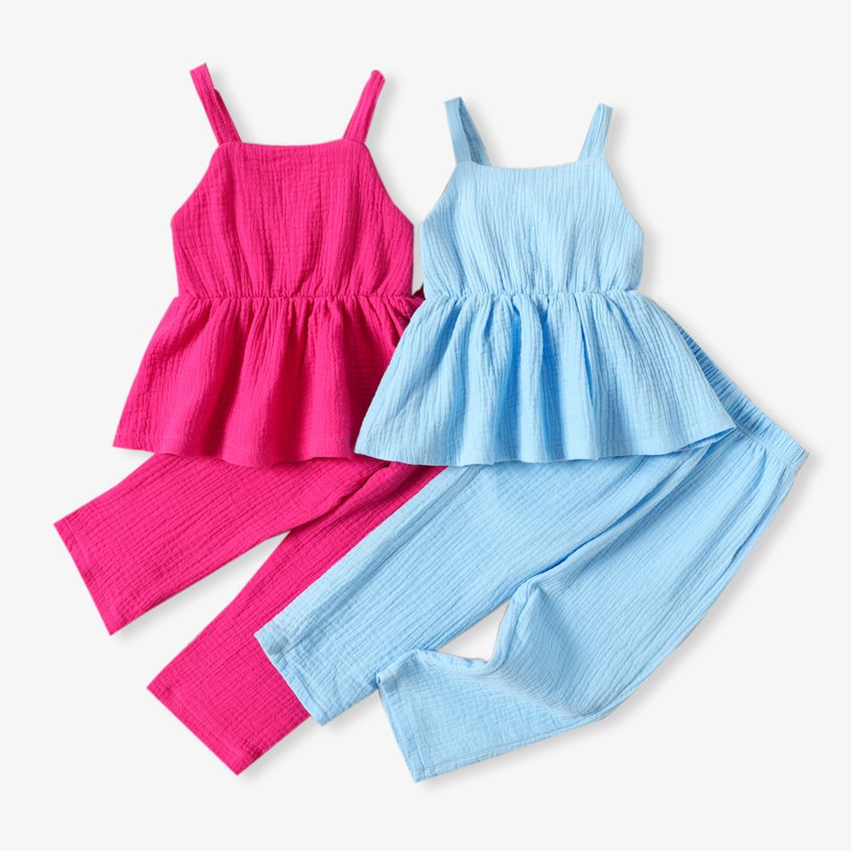 2pcs Toddler Girl 100% Cotton Solid Color Peplum Crepw Camisole and Elasticized Pants Set Blue big image 2