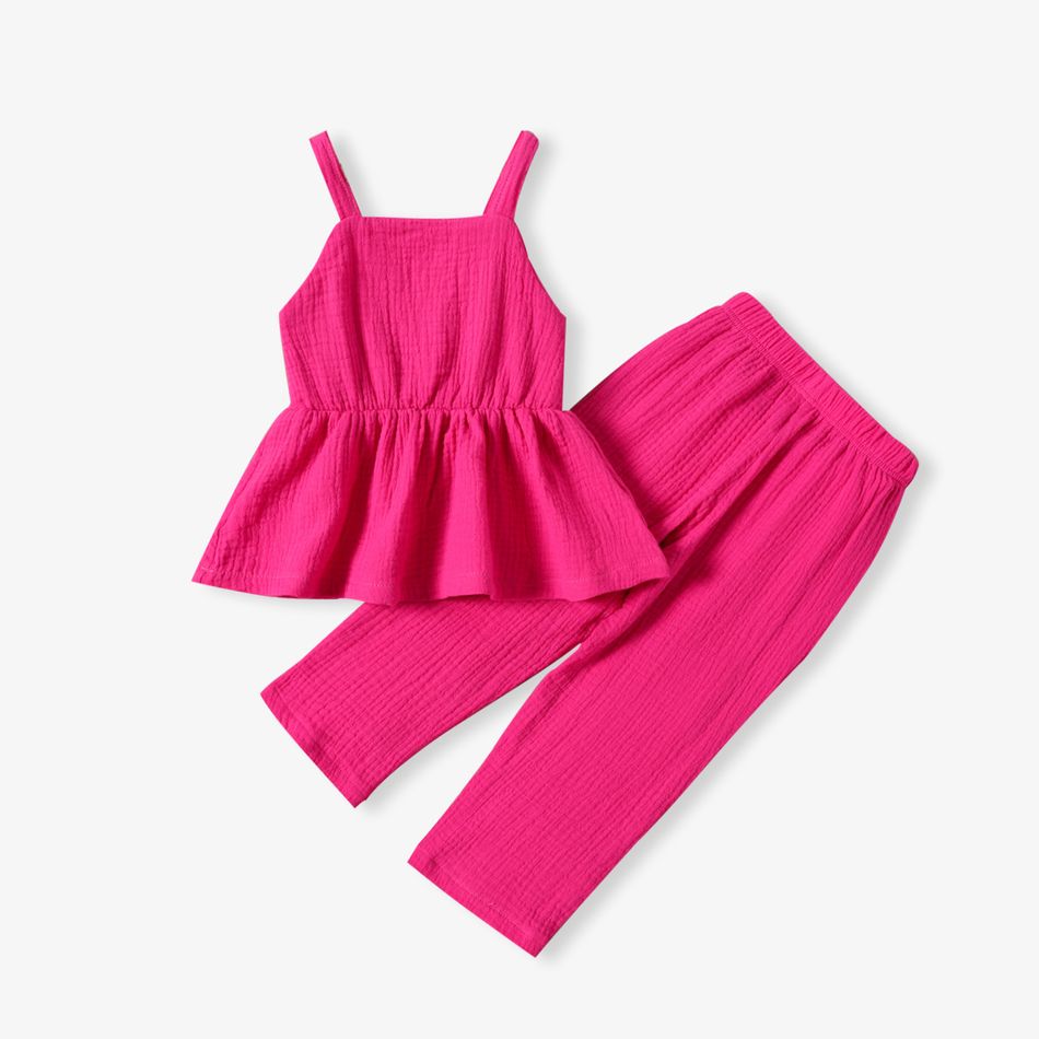 2pcs Toddler Girl 100% Cotton Solid Color Peplum Crepw Camisole and Elasticized Pants Set Hot Pink